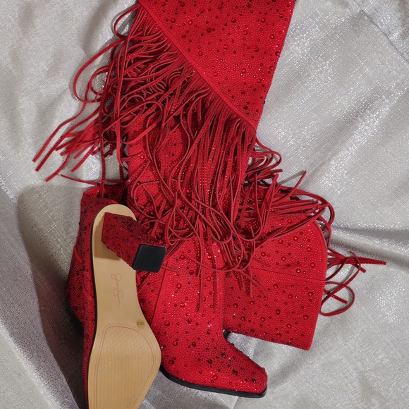 Jessica Simpson Red Sequin Fringe Heeled Boots - Picture 4 of 8